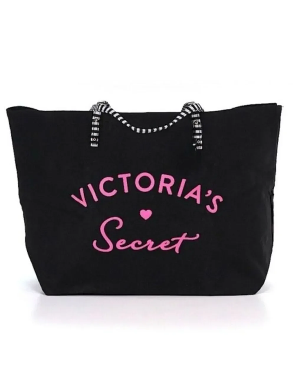 Victoria's Secret Black Canvas Tote Bag with Pink Logo and Striped Handles